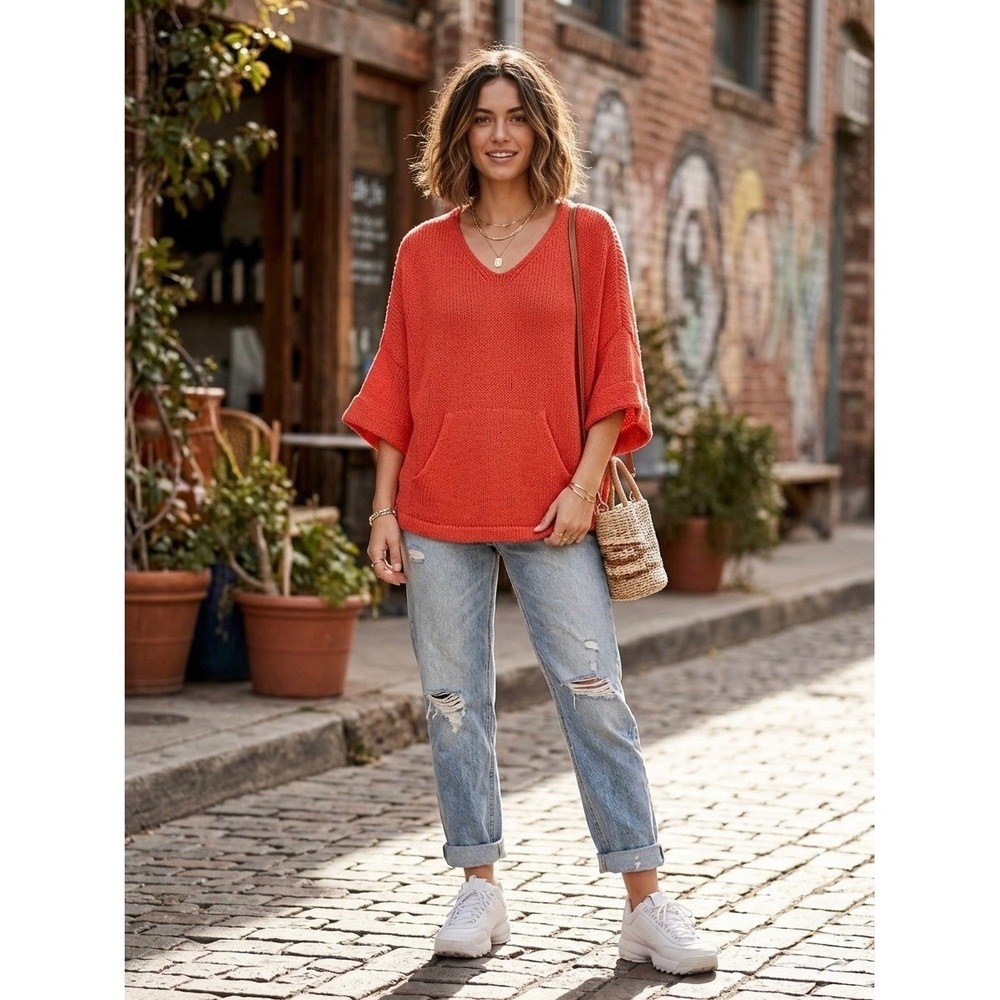 Free People Red Orange V-Neck Knit Oversized Sweater Kangaroo Pocket XS TP